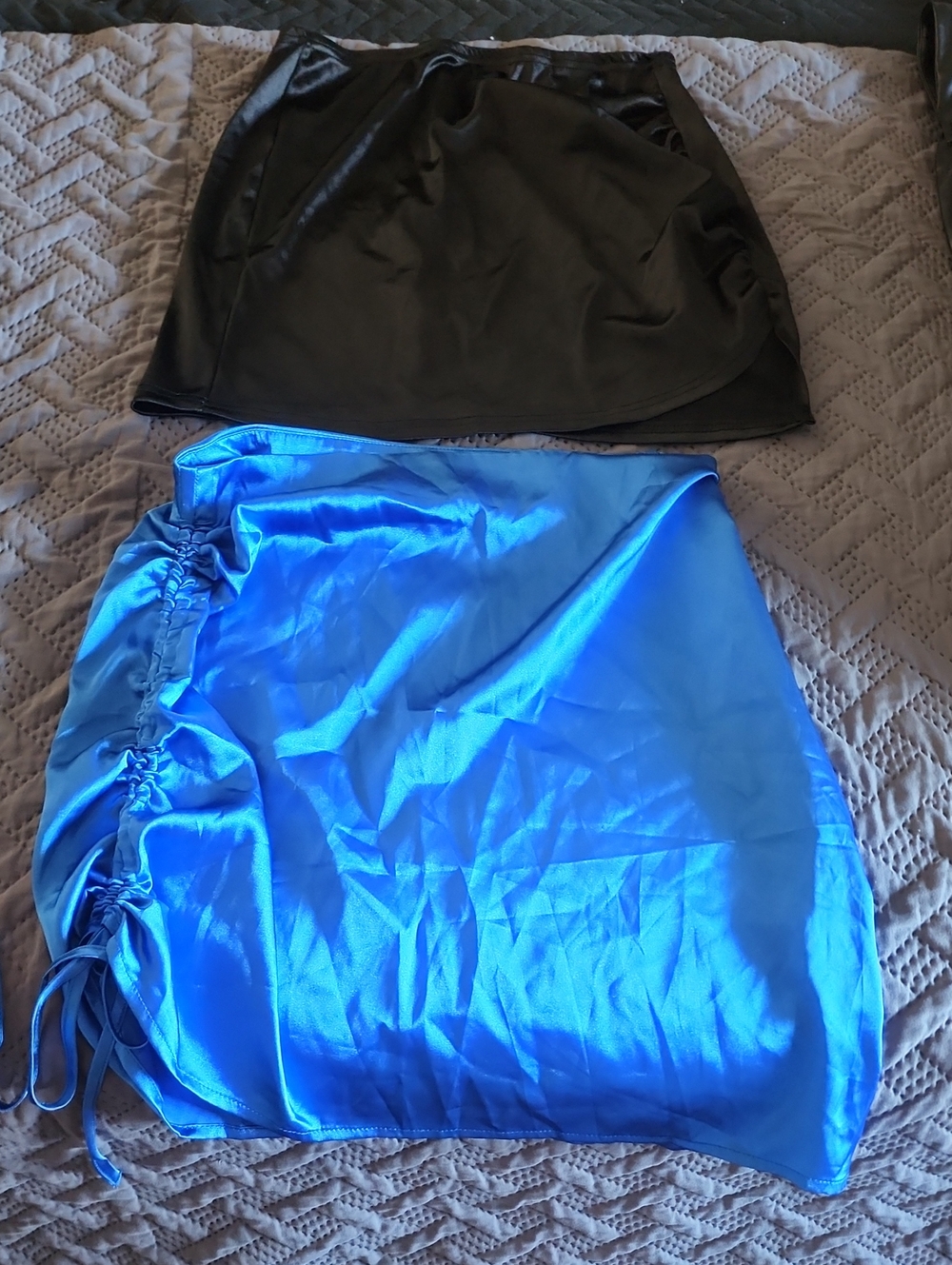 2 Pc SHEIN Black and Bright Blue Satin Mini Skirts - Side Ruched Blue